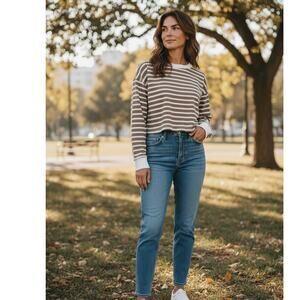 Altar'd State Size L Cropped Crew Knit Striped Top NWT Long Sleeves Brown Cream